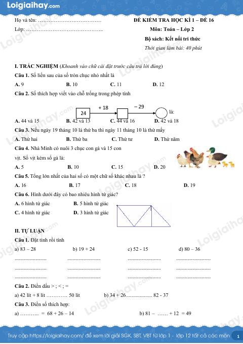Đề kiểm tra học kì 1 Toán 2 Kết nối tri thức - Đề số 16